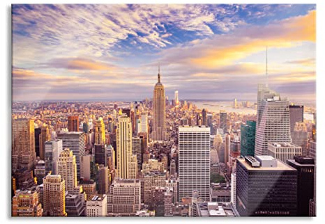 Pixxprint Glasbild, Wandbild aus Echtglas, Skyline New York Sonnenuntergang, 100x70 cm, inkl. Aufhängung und Abstandshalter
