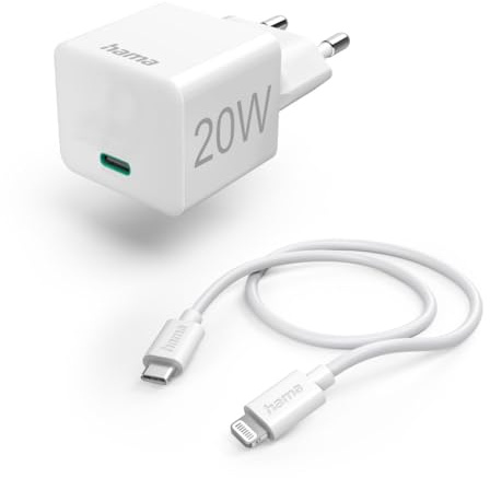 Hama Schnellladegerät USB-C 20 W + USB-C-Lightning-Kabel (Apple-USB-C-Ladegerät, USB-C-Ladegerät, Mini-Ladegerät + Lightning-Kabel, ideal für iPhone, iPad, AirPods, Smartphone, PD, MFI Zertifiziert)