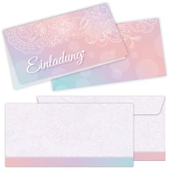 25 Einladungskarten mit 25 Kuverts für Hochzeit, Standesamt, Geburtstag, Konfirmation, Kommunion, Taufe, Geburtstag, Jubiläum. Klappkarten 21 x 10,5 cm. Design mit elegantem Ornament und Herz