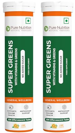 Pure Nutrition Super Greens Effervescent Tablets | 40 Count (20x2) | with Moringa, Spirulina, Arjuna Leaf & B Vitamins | Supports Immunity & Overall Wellness.