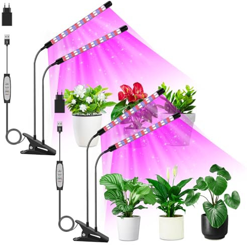 COKOLILA 2 packs 2 cabezales Lámpara de cultivo, 320 LEDs luz de espectro completo, 460nm/660nm/6500K para plantas de interior con 6/12/18H temporizador, 5 brillo, 3 modos, mejor para plantas pequeñas
