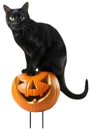 Fenteer Figurine de Chat sur Support pour Jardin, Décoration D'Halloween, Art Extérieur, Citrouille Chat Noir, 18.9 X 28 Cm