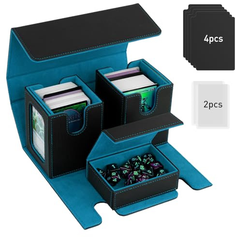 TiMOVO Caja de Cartas para MTG, Soporte Mazo de Cartas para 200+ Cartas de Doble Funda, Deck Box con 2 Expositores & 4 Divisores & Bandeja de Dados para YuGiOh, TCG, CCG Cartas Mágica, Negro Cian