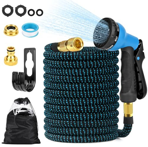 Vankarr Gartenschlauch Flexibel 30m Erweiterbarer Gartenschlauch 1/2 und 3/4 Hahnanschluss Sprühkopf mit 8 Funktionen mit Aufbewahrungstasche Schlauchhalter Wasserschlauch fr Garten Wohnmobil (Blau)