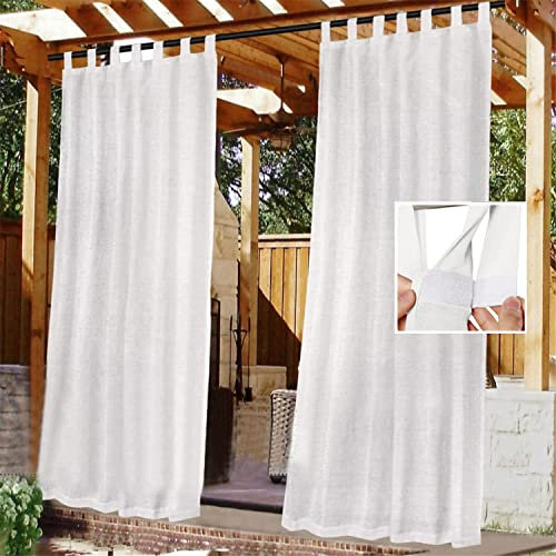 Wasserdichte Outdoor-Vorhänge mit leicht aufzuhängenden Schlaufen, abnehmbarer Kleber für Laube, Terrasse, Garten, Veranda, 2 Stück, weiße Leinen-Gaze-Vorhänge (132 x 241 cm)