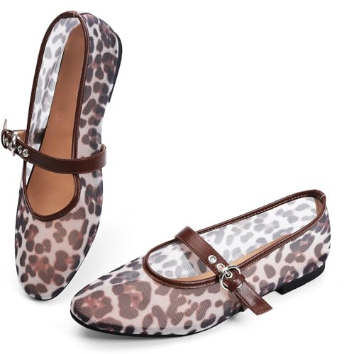 Leopard Flats for Women Mesh Ballet Flats Mary Jane Cheetah Print Shoes
