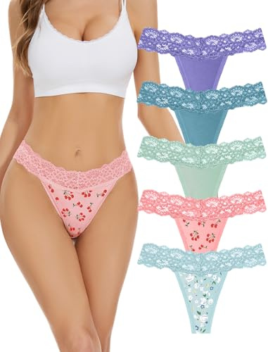 VOENXE Tanga in Pizzo Senza Cuciture per Donne, Perizoma Senza Segni per Donne, Mutandine Traspiranti e Confortevoli, Panty Morbido Tagliato al Laser, Confezione da 5 Pezzi