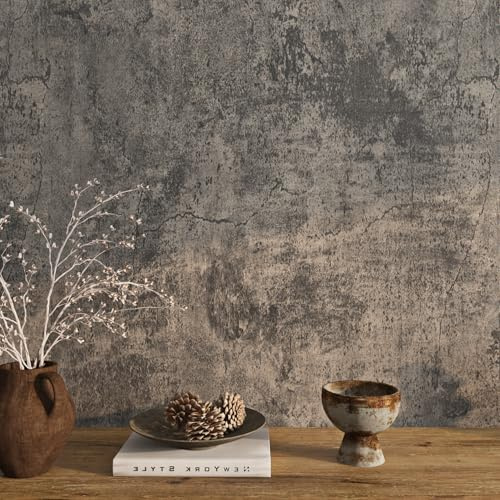Livelynine Moody Concrete Wallpaper Peel and Stick Industrial Modern Brown Black Limewash Wallpaper Waterproof Dark Aged Cement Wall Mural Removable Cracked Concrete Contact Paper Vinyl 15.8x78.8
