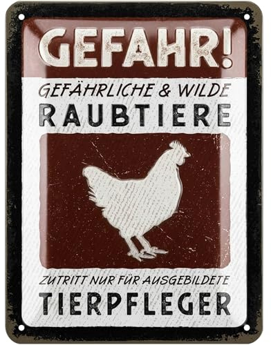 LANOLU Retro Blechschild Vorsicht Hühner, Hühner Zubehör, lustige Schilder mit Sprüchen, vintage Metallschilder für den Hühnerstall, Warn- und Garten Schild als Deko, 15x20cm