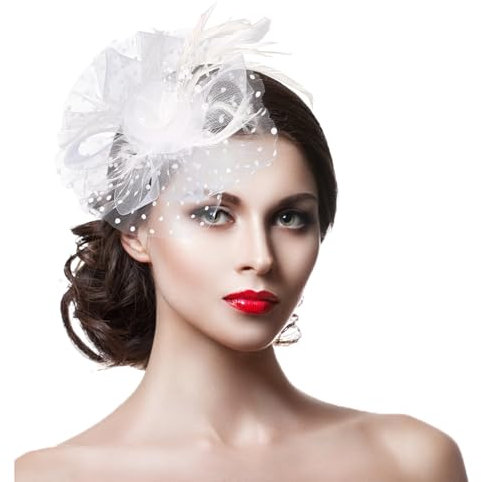 Bumlofa Weiß Fascinator Hüte Pillbox-Mütze mit Blume und Spitze für Damen Elegantes Stirnband Haarband ideal für Hochzeiten Teepartys