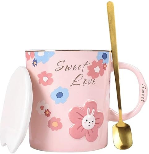 GOOPEEG Tazza Cappuccino, Tazza Carina Creativa con Coperchio e Cucchiaio Tazza da tè in Ceramica con Fiore in Rilievo Tazza da caffè, Ci Sono Due Colori, 13 Once Moka(A-Pink)