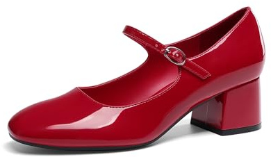 DREAM PAIRS Women's Mary Jane Shoes Chunky Block Short Heels 2.17, Closed Round Toe Vintage Wedding Shoes, Comfort Dress Pump Shoes for Daily Life,Size 9,Red,DWUMPU2577