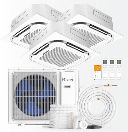 BRAVO 24,000 BTU 3-Zone 9000 + 9000 + 9000 BTU Ceiling Cassette, 23 SEER2 Ductless Mini Split AC & Heat Pump – Includes Smart Control & 25FT Installation Kits – Inverter System