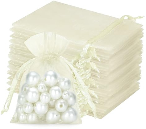 jijAcraft - Sacchetti in organza, 7 x 9 cm, piccolo, colore crema, 100 sacchetti regalo con coulisse, trasparenti, da riempire, per matrimonio, per gioielli e caramelle