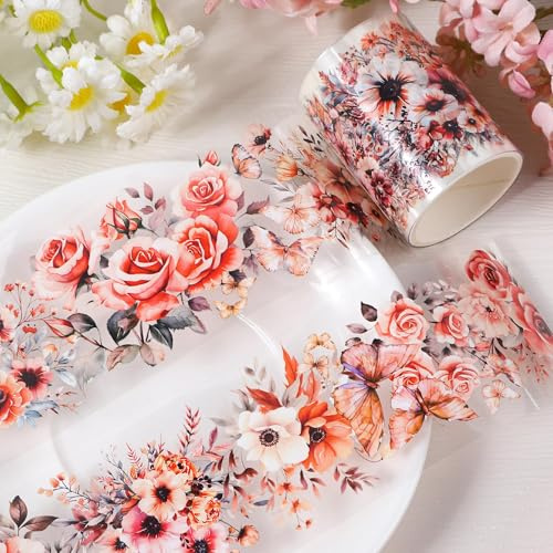 Fiore Washi Tape PET, Tape Decorativo Coprente, Nastro Adesivi Decorativi Trasparenti, Fiori Masking Tape per Giornali Decorazioni fai da te Scrapbooking Diario Pianificatori Confezioni Regalo (A)