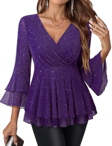 Vafoly Damenblusen 3/4 Arm Elegant V-Ausschnitt Tunika mit Rüschenärmel Glitzer Festliche Oberteile für Alltags- und Party