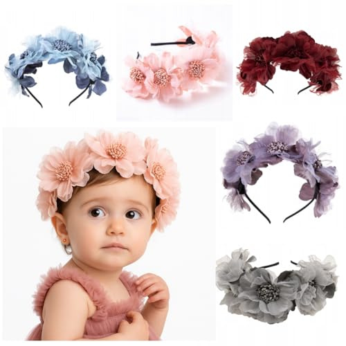 Blumen Haarreifen 5er Set – Weiche Blumenkrone für Frauen, Mädchen & Kleinkinder – Blumenkranz, Elastischer Stirnreif mit großen Blüten für Taufe, Geburtstag, Fotoshooting, Hochzeit