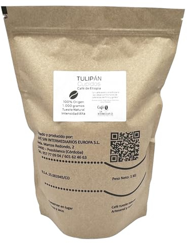 CAFE SIN INTERMEDIARIOS - Tulipan - Café Etiopía En Grano Para Superautomática 1Kg - Tostado Semanal - Envasado y molinado al envío - Intensidad de sabor alta - Ideal para Café Solo