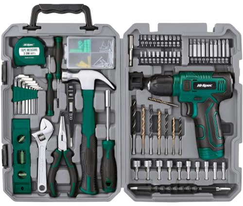 Hi-Spec 8V USB Power Drill Driver & Home Tool Kit with Accessories, Green | Fast assembly jobs, cord-free control, compact case storage, wood metal masonry accessories, project ready, fast setup