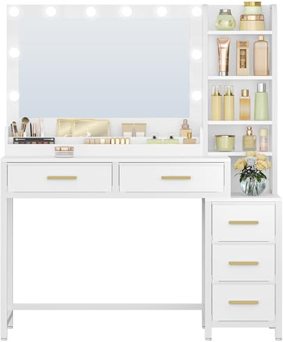 HEXCELEN 110 cm Dressing Table with Large Mirror, Vanity Desk with LED Lights, 3 Light Colors, Adjustable Brightness, Makeup Desk, 5 Drawers, Open Compartments, White, Modern