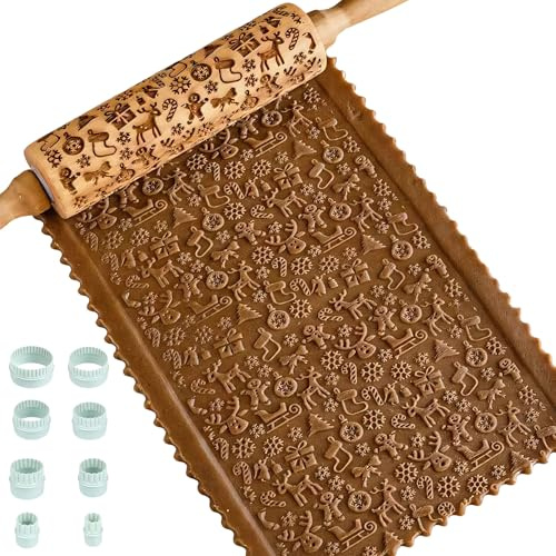 Rouleau à pâtisserie avec motif 3D de Noël - 16,5 x 4,5 cm - Accessoire de pâtisserie avec 8 emporte-pièces - Accessoire de pâtisserie - Rouleau à pâtisserie en bois pour pâte à fondant, pizza