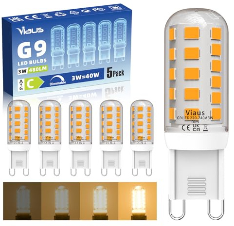 Viaus G9 LED Bulbs Dimmable 3W 480LM Warm White 3000K, 40W Halogen Equivalent, CRI80+, Energy Class C, 15.5x51mm, AC 220-240V No Flicker G9 Light Bulbs for Chandelier, Pack of 5