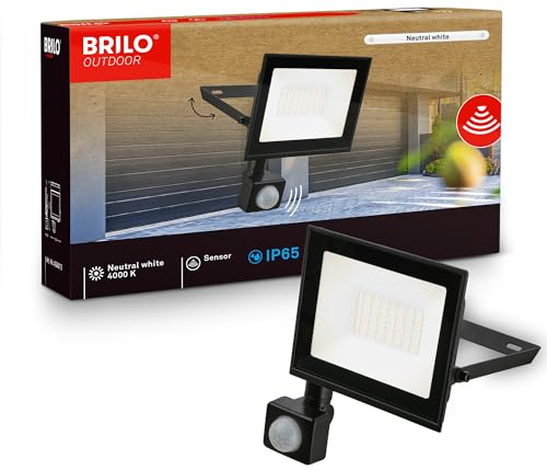 BRILONER - Faretto LED da esterno con sensore di movimento, luce bianco neutro, 20W 1800 lm, orientabile, IP65 resistente a polvere e getti d’acqua, faro per giardino e garage, 14 x 19 x 4 cm, Nero
