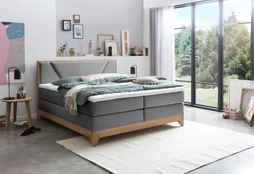 Belanoti Riviera Boxspringbett 140x200 Eiche 7-Zonen Taschenfederkern Matratze inkl Visco Topper Bett 140x200 in der Farbe Anthrazit H2/H3 Polsterbett Hotelbett mit Massivholz Eiche Massivholzbett