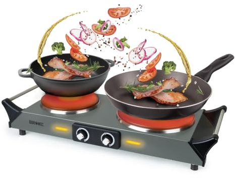 Duronic Electric Hot Plate HP2 GG, 2500W Double Burner Hob, Portable Table Top Cooker with Cast Iron Ring & Cool-Touch Handles for Camping, Caravans, Home, Small Kitchens, Grey Green