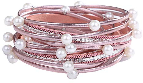 Cheerlife Mehrschichtig Leder Wickelarmband künstliche Perlen Mädchen Damen Party Kleid Zubehör Magnetverschluss Armband (Pink+Perlen)