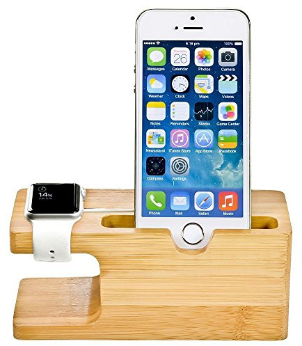 MOZOWO Bamboo Wood Multifunction Desktop Charger Stand Charging Dock/Station/Cradle/Holder Compatible iPhone XS MAX XR X 8 7 6 6S Plus Apple Watch 2 3 4 / iWatch 38mm & 42mm All Models Smartphones