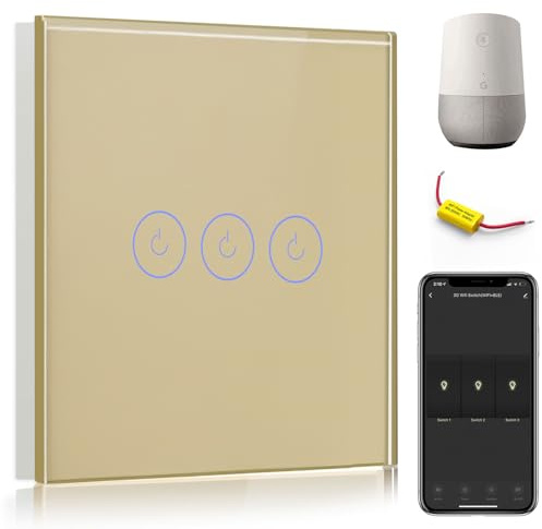 BSEED WiFi Touch Switch Gold,3 Gang 1 Way Smart Light Switch Compatible with Alexa and Google Home,with Smart Life Remote Control(No Hub Required)-No Need Neutral Wire