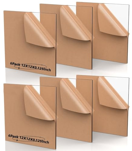 Clear Cast Acrylic Sheet, 6 Pack 1/8” Thick (3mm) 12” x 12” Square Panel Transparent Plexiglass Sheet with Protective Paper Use for Laser Engraving & Cutting, Crafting, Signs, DIY Display2