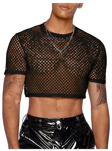 WDIRARA Men's Fishnet Mesh Tee Shirt Round Neck Short Sleeve Crop Top Black S