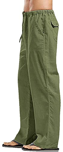 YAOHUOLE Mens Casual Pants Linen Lounge Trousers Loose Elasticated Waist Pant with Drawstring Army Green M