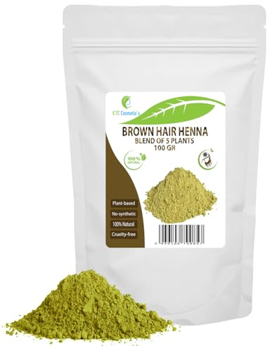 BRAUNES HENNA-HAARPULVER - 100% natürlich - 5 Bio-Pflanzenpulver gemischt und speziell formuliert, um dem Haar eine tiefbraune Farbe zu verleihen - 100 Gr