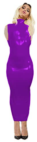 Abito lungo estivo senza maniche in PVC in pelle con maniche lunghe da donna, da discoteca magro con guanti con collo alto con cerniera posteriore aderente maxi vestito, fucsia, 6XL