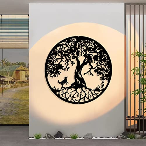 50cm Baum des Lebens mit Hunde,Wand Dekor aus schwarzem Metall,Moderne Wanddekoration für drinnen und draußen, Garten, Heimdekoration (19,7 Zoll)