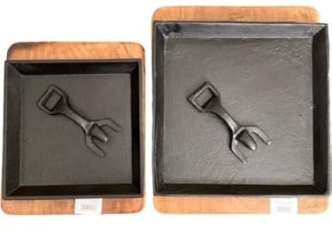 Heavy 8 / 10 Square Cast Iron Sizzler Platter with Acacia Wooden Base & Pan Grip Mixed Grill Meat Fish Tandoori Veg Fajita Sizzler (Large Size 10)