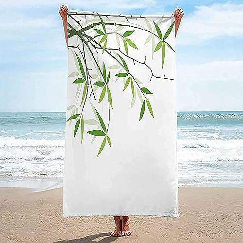 Beach Towel - 80 X 160 Cm Large Microfibre Beach Towels For Adults - Quick Dry And Sand Free - Lightweight And Compact Beach Towels For Travel, Swimming, Holiday - Plant Bamboo Leaves -5L2K