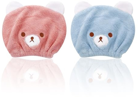 NyxSeat 2 tapones secos de osos turbantes de secado de absorción rápida para reducir el tiempo de secado, adecuado para ducha, maquillaje y cuidado facial (azul, rosa)