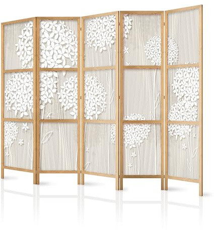 murando - Paravent Raumteiler Holz Botanik Abstrakt, 225x172 cm, 5-teilig | Mobiler Sichtschutz, sofort einsatzbereit, Holzrahmen, ideal fürs Wohnzimmer oder Büro, geruchsneutral, lichtbeständig