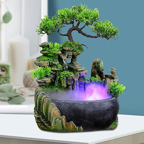 Fuente de habitación cascada con iluminación LED, fuente interior, cascada, fuente de mesa para dormitorio, salón, oficina