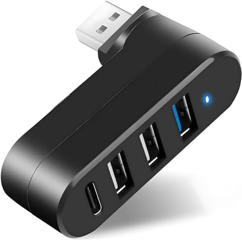 4-Port USB 3.0 Hub With 90°/180° Rotatable Design, 3 Standard Ports & 1 USB-C Power/Data Port for Laptop, Car, Mac Pro, iMac, MacBook and More