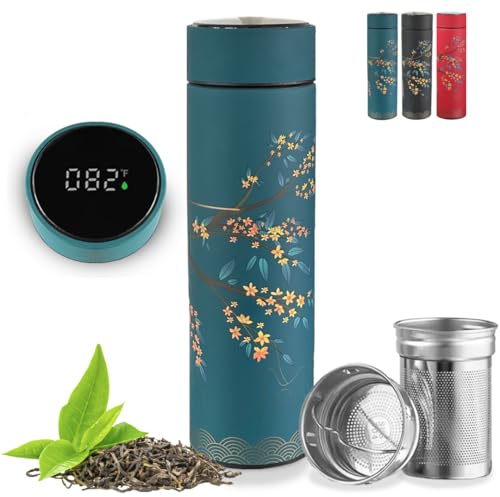 Farasi Tea Infuser for Loose Leaf Tea Smart Water Bottle with Temperature Display, Stainless Steel Insulated Coffee and Fruit Tea Infuser Bottle - Green Floral Travel Tea Mugs 15 oz