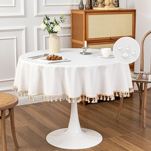MYSKY HOME Rund 140 cm Durchmesser Tischdecken Abwaschbar Leinenoptik Beige Fransen Tischtuch Wasserabweisende Tischwäsche Klein Gartentischdecke Table Cloth für Camping, Hochzeiten, Geburtstag