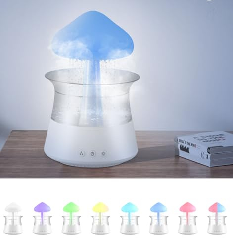 Umidificatore per funghi da pioggia 3 in 1 Rain Cloud Humidifier, per aromaterapia pilota con 7 colori che cambiano luci sonore e 3 modalità di pioggia (bianco)