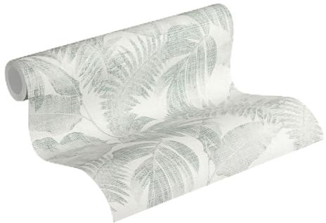 Livingwalls Wallpaper DESIGNDROP - precovered Non-Woven Wallpaper Jungle in Green, Grey, White - 10,05m x 0,53m - Wallpaper with Palm Leaves - 784981