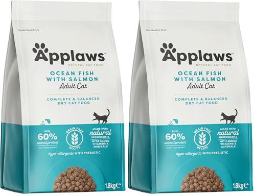Applaws Complete Natural Sin Cereales Pescado del Océano con Salmón Alimento Seco para Gatos Adultos - Bolsa Resellable de 1.8kg (Paquete de 2)