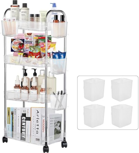 Speclux Rollwagen mit 4 Ebenen,aus transparentem Acryl, mit extra hängenden Bechern, Griffen, abschließbare Räder, EIN multifunktionaler Servierwagen als Rollregal, geeignet für Küche, Wohnzimmer